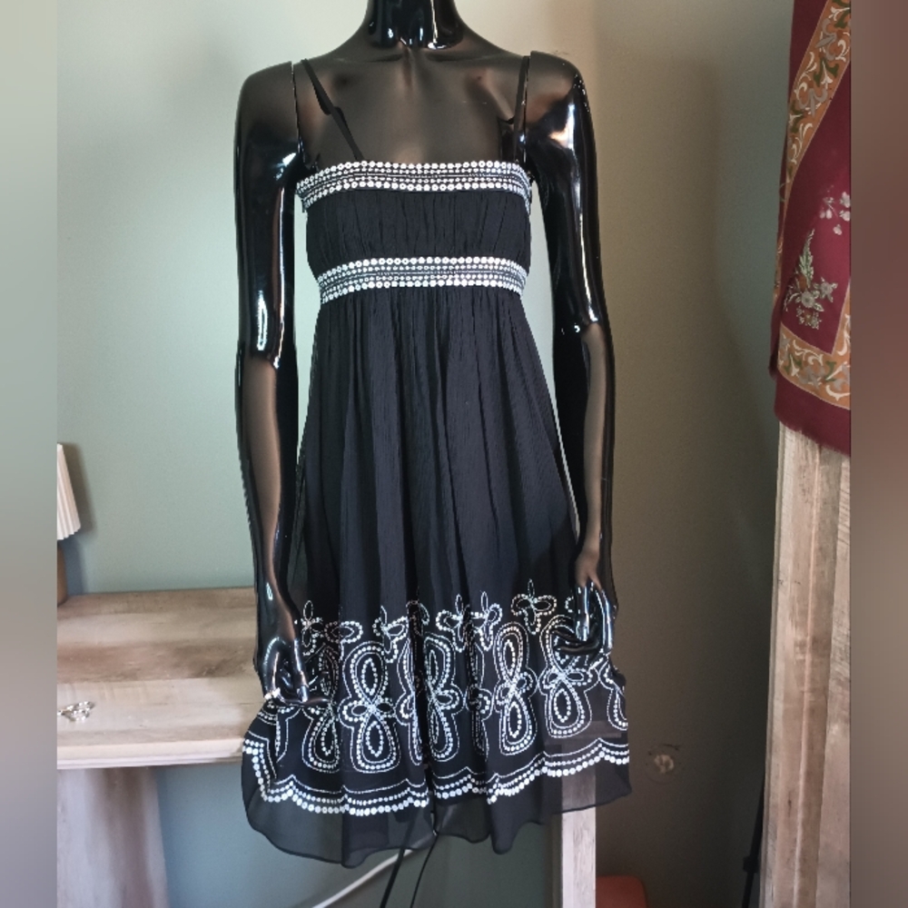 Maggy London Y2K Empire Waist Silk Dress Size 2 Black Sequin Strappy Fairy